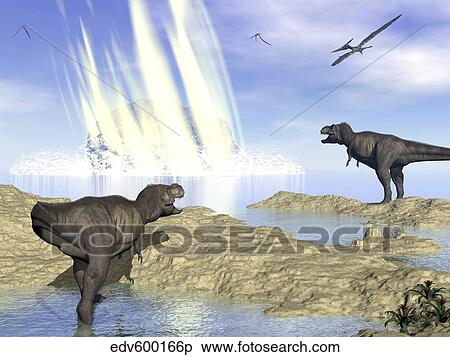 Stock Illustration - Tyrannosaurus rex and pteranodons watch a meteorite impact.. Fotosearch