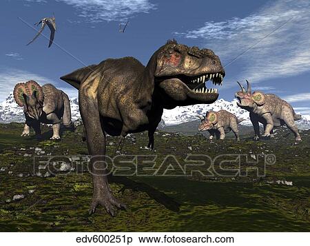 Stock Illustration - Tyrannosaurus rex attacked by three Triceratops.. Fotosearch