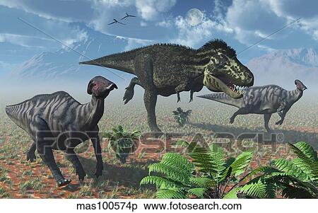 Stock Illustration - Tyrannosaurus Rex attacking a herd of Parasaurolophus duckbill dinosaurs.. Fotosearch
