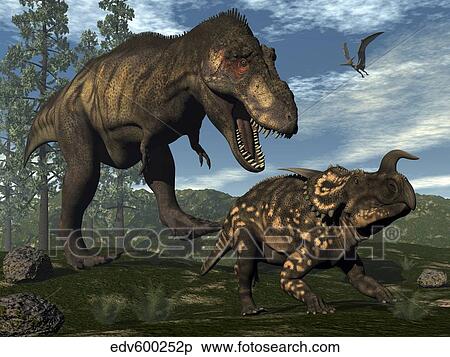 Tyrannosaurus rex attacking an Einiosaurus dinosaur. View Large Illustration Stock Illustration - Tyrannosaurus rex attacking an Einiosaurus dinosaur.. Fotosearch