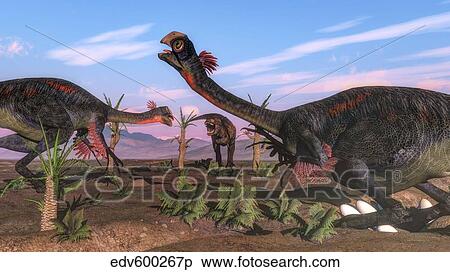 Tyrannosaurus rex attacking Gigantoraptors and their eggs. View Large Illustration Stock Illustration - Tyrannosaurus rex attacking Gigantoraptors and their eggs.. Fotosearch