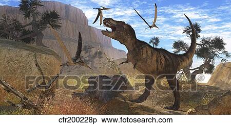 Stock Illustration - Tyrannosaurus Rex attempts to eat his Triceratops kill while Pteranodons harass him.. Fotosearch
