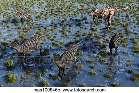 Stock Illustration - Tyrannosaurus Rex chasing a herd of Parasaurolophus dinosaurs.. Fotosearch