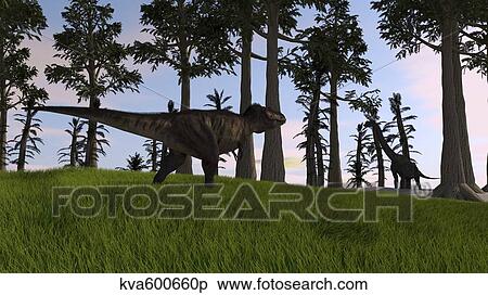Stock Illustration - Tyrannosaurus Rex confronts a large Brachiosaurus.. Fotosearch