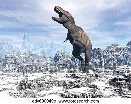 Tyrannosaurus Rex dinosaur in a snowy landscape. View Large Illustration Stock Illustration - Tyrannosaurus Rex dinosaur in a snowy landscape.. Fotosearch