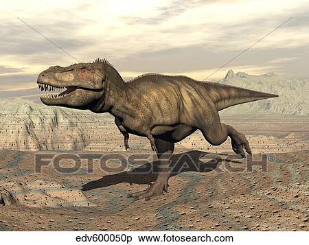 Tyrannosaurus Rex dinosaur running across rocky terrain. View Large Illustration Stock Illustration - Tyrannosaurus Rex dinosaur running across rocky terrain.. Fotosearch