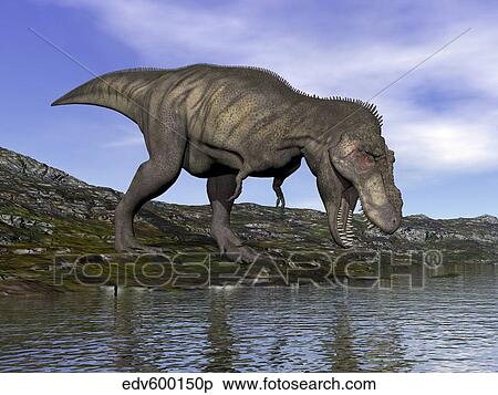 Tyrannosaurus rex dinosaur walking to the edge of water. View Large Illustration Stock Illustration - Tyrannosaurus rex dinosaur walking to the edge of water.. Fotosearch
