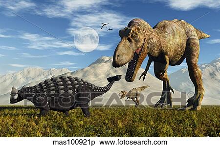 Tyrannosaurus Rex dinosaurs confronting a lone Ankylosaurus. View Large Illustration Stock Illustration - Tyrannosaurus Rex dinosaurs confronting a lone Ankylosaurus.. Fotosearch