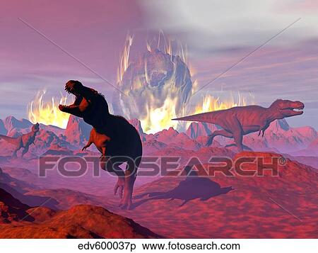 Tyrannosaurus Rex dinosaurs escaping a big meteorite crash. View Large Illustration Stock Illustration - Tyrannosaurus Rex dinosaurs escaping a big meteorite crash.. Fotosearch