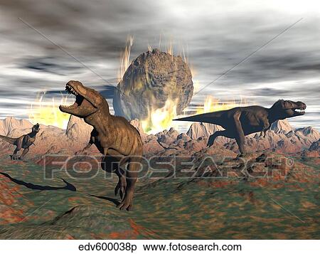 Tyrannosaurus Rex dinosaurs escaping a big meteorite crash. View Large Illustration Stock Illustration - Tyrannosaurus Rex dinosaurs escaping a big meteorite crash.. Fotosearch
