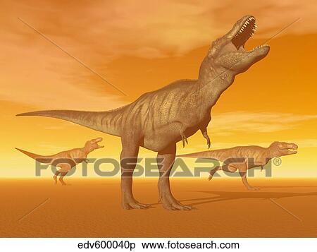 Stock Illustration - Tyrannosaurus Rex dinosaurs in an orange foggy desert by sunset.. Fotosearch