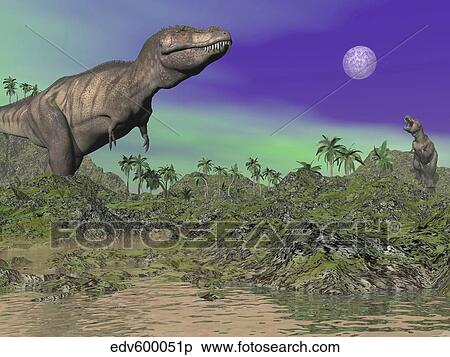 Tyrannosaurus Rex dinosaurs in prehistoric landscape at night. View Large Illustration Stock Illustration - Tyrannosaurus Rex dinosaurs in prehistoric landscape at night.. Fotosearch