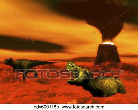 Tyrannosaurus Rex dinosaurs struggle to survive from a volcanic eruption. View Large Illustration Stock Illustration - Tyrannosaurus Rex dinosaurs struggle to survive from a volcanic eruption.. Fotosearch