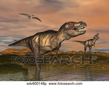Tyrannosaurus Rex dinosaurs with pteranodon bird flying above. View Large Illustration Stock Illustration - Tyrannosaurus Rex dinosaurs with pteranodon bird flying above.. Fotosearch