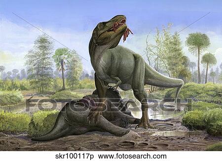 Tyrannosaurus Rex eats the carrion of a dead Triceratops. View Large Illustration Stock Illustration - Tyrannosaurus Rex eats the carrion of a dead Triceratops.. Fotosearch