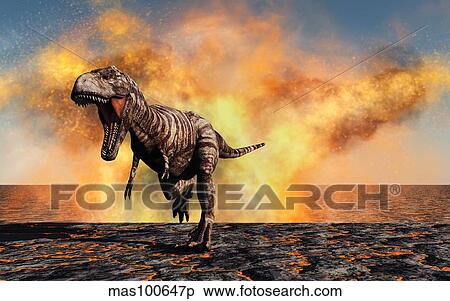Tyrannosaurus Rex escaping from a violent fire storm. View Large Illustration Stock Illustration - Tyrannosaurus Rex escaping from a violent fire storm.. Fotosearch