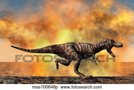 Tyrannosaurus Rex escaping from a violent fire storm. View Large Illustration Stock Illustration - Tyrannosaurus Rex escaping from a violent fire storm.. Fotosearch