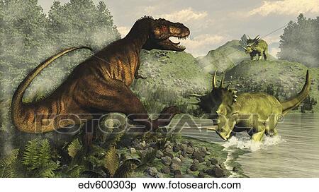 Tyrannosaurus rex fighting against Styracosaurus dinosaurs. View Large Illustration Stock Illustration - Tyrannosaurus rex fighting against Styracosaurus dinosaurs.. Fotosearch