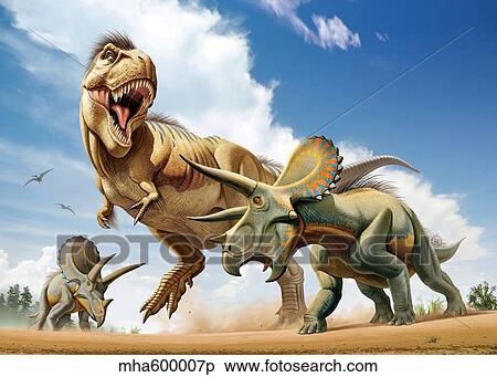 Stock Illustration - Tyrannosaurus Rex fighting with two Triceratops.. Fotosearch