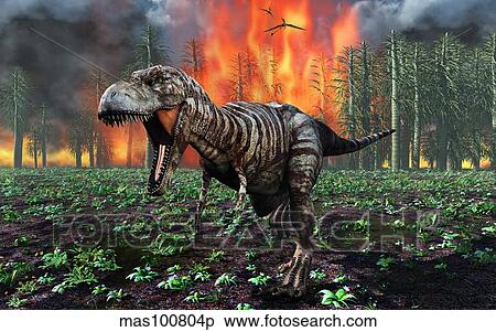 Stock Illustration - Tyrannosaurus Rex fleeing from a deadly forest fire.. Fotosearch