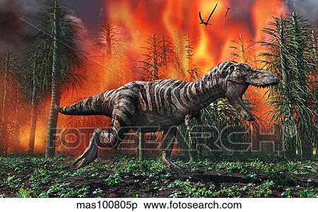 Stock Illustration - Tyrannosaurus Rex fleeing from a deadly forest fire.. Fotosearch