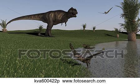 Tyrannosaurus Rex frightens a group of Peteinosaurus. View Large Illustration Stock Illustration - Tyrannosaurus Rex frightens a group of Peteinosaurus.. Fotosearch