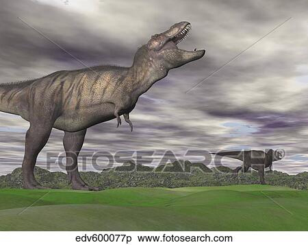 Tyrannosaurus Rex growling as a fellow T-Rex runs away. View Large Illustration Stock Illustration - Tyrannosaurus Rex growling as a fellow T-Rex runs away.. Fotosearch