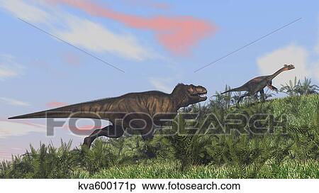 Tyrannosaurus Rex hunting a Gigantoraptor in an open field. View Large Illustration Stock Illustration - Tyrannosaurus Rex hunting a Gigantoraptor in an open field.. Fotosearch