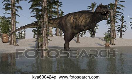 Tyrannosaurus Rex hunting for its next meal in shallow water. View Large Illustration Stock Illustration - Tyrannosaurus Rex hunting for its next meal in shallow water.. Fotosearch