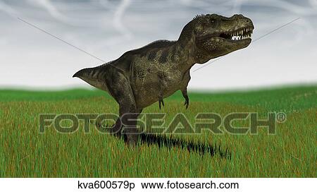 Stock Illustration - Tyrannosaurus Rex hunting for its next meal in a grassy field.. Fotosearch