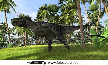 Tyrannosaurus Rex hunting in a tropical landscape. View Large Illustration Stock Illustration - Tyrannosaurus Rex hunting in a tropical landscape.. Fotosearch