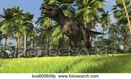Tyrannosaurus Rex hunting in a tropical landscape. View Large Illustration Stock Illustration - Tyrannosaurus Rex hunting in a tropical landscape.. Fotosearch