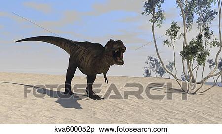 Tyrannosaurus Rex hunting in an open desert. View Large Illustration Stock Illustration - Tyrannosaurus Rex hunting in an open desert.. Fotosearch