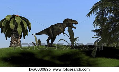 Tyrannosaurus Rex hunting in an open field. View Large Illustration Stock Illustration - Tyrannosaurus Rex hunting in an open field.. Fotosearch