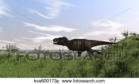 Tyrannosaurus Rex hunting in an open field. View Large Illustration Stock Illustration - Tyrannosaurus Rex hunting in an open field.. Fotosearch
