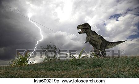 Stock Illustration - Tyrannosaurus Rex hunting in an open field during a lightning storm.. Fotosearch