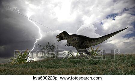 Tyrannosaurus Rex hunting in an open field during a lightning storm. View Large Illustration Stock Illustration - Tyrannosaurus Rex hunting in an open field during a lightning storm.. Fotosearch