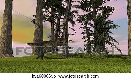Tyrannosaurus Rex hunting in grasslands. View Large Illustration Stock Illustration - Tyrannosaurus Rex hunting in grasslands.. Fotosearch