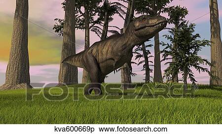 Tyrannosaurus Rex hunting in grasslands. View Large Illustration Stock Illustration - Tyrannosaurus Rex hunting in grasslands.. Fotosearch