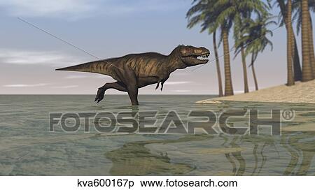Tyrannosaurus Rex hunting in shallow water. View Large Illustration Stock Illustration - Tyrannosaurus Rex hunting in shallow water.. Fotosearch
