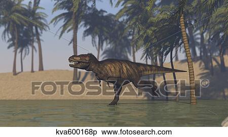 Stock Illustration - Tyrannosaurus Rex hunting in shallow water.. Fotosearch