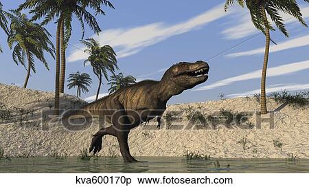 Tyrannosaurus Rex hunting in shallow water. View Large Illustration Stock Illustration - Tyrannosaurus Rex hunting in shallow water.. Fotosearch