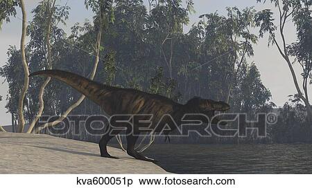 Tyrannosaurus Rex hunting on the edge of shoreline. View Large Illustration Stock Illustration - Tyrannosaurus Rex hunting on the edge of shoreline.. Fotosearch