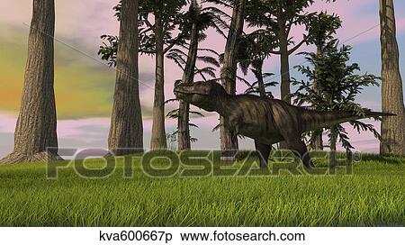 Tyrannosaurus Rex in a grassy field. View Large Illustration Stock Illustration - Tyrannosaurus Rex in a grassy field.. Fotosearch