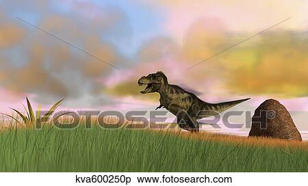 Stock Illustration - Tyrannosaurus Rex in prehistoric grasslands.. Fotosearch
