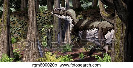 Tyrannosaurus rex patrols the the edges of a Cretaceous forest. View Large Illustration Stock Illustration - Tyrannosaurus rex patrols the the edges of a Cretaceous forest.. Fotosearch