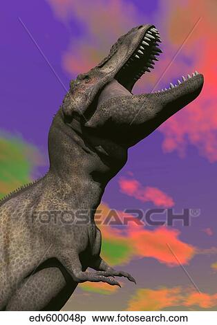 Stock Illustration - Tyrannosaurus Rex roaring against a colorful sky.. Fotosearch