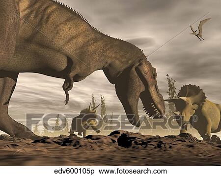 Tyrannosaurus Rex roaring at two Triceratops on rocky terrain. View Large Illustration Stock Illustration - Tyrannosaurus Rex roaring at two Triceratops on rocky terrain.. Fotosearch
