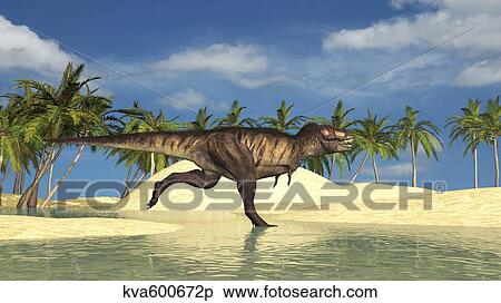 Stock Illustration - Tyrannosaurus Rex running through a riverbed.. Fotosearch
