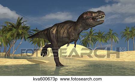 Stock Illustration - Tyrannosaurus Rex running through shallow water.. Fotosearch
